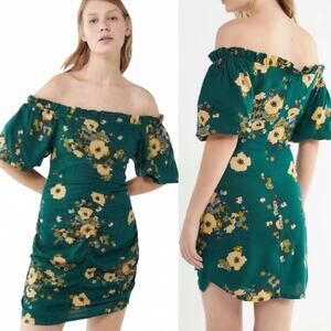Urban Outfitters Mini Dress Floral Print Off Shoulder Ruched Green Womens 0 UO